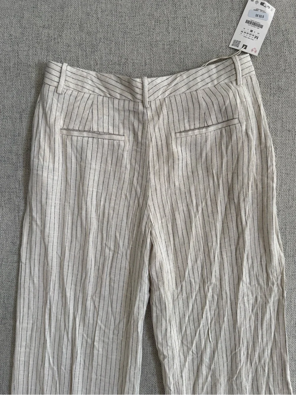 ZARA NWT Striped Linen Blend Wide Leg Trousers in Light Beige/Black Size M